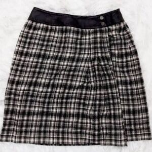 Anne Klein Black|White Plaid Wool Blend Leather Waist Trim Wrap Skirt Sz 4